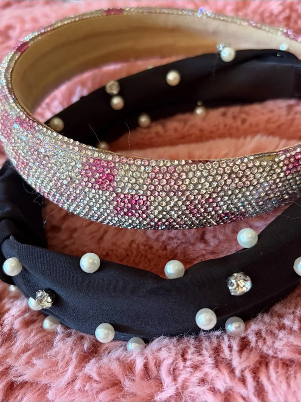 Sparkling Pink Crystal & Black Pearl Kids Headband Duo